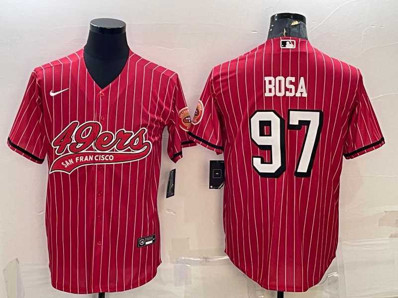 Mens San Francisco 49ers #97 Nick Bosa Red Pinstripe Color Rush With Patch Cool Base Stitched Baseball Jersey